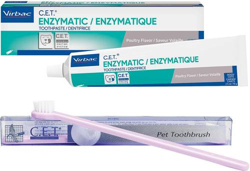 Show full view: Virbac C.E.T. Enzymatic Dog & Cat Poultry Flavor Toothpaste, 70 gram & Virbac C.E.T. Pet Toothbrush, Color Varies slide 1 of 7