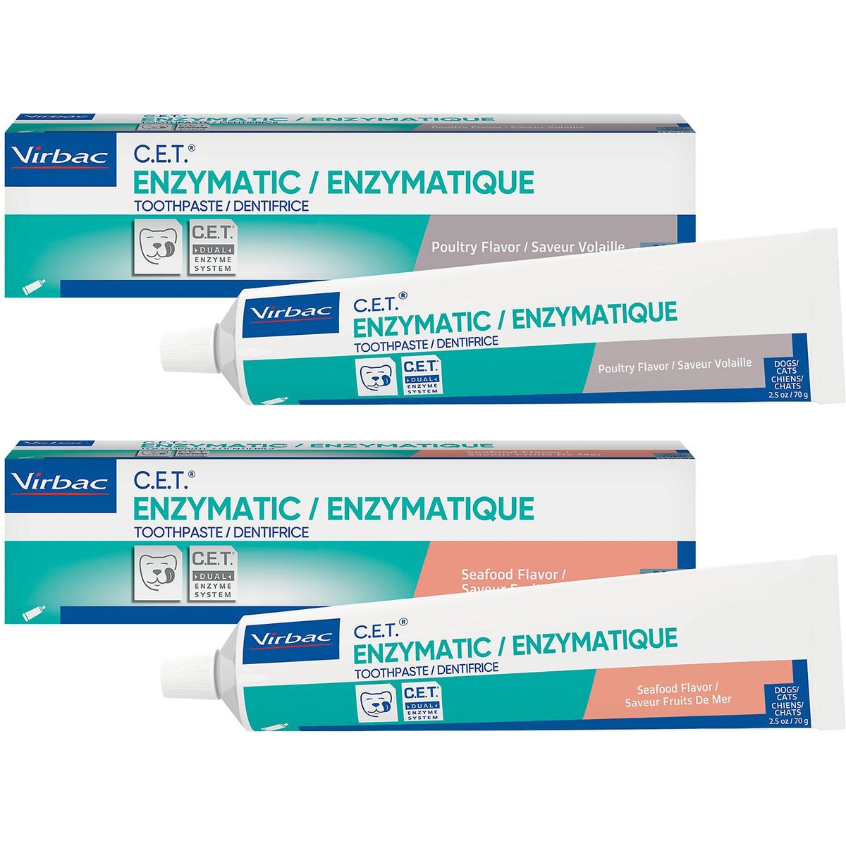 Virbac C.E.T. Enzymatic Dog & Cat Poultry Flavor Toothpaste, 70 gram & Virbac C.E.T. Tartar Control Seafood Flavor Dog & Cat Toothpaste, 70 gram