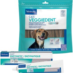 Virbac C.E.T. Enzymatic Dog & Cat Poultry Flavor Toothpaste, 70 gram & Virbac C.E.T. VeggieDent Fr3sh Tartar Control Dog Chews, Medium, 30 Count