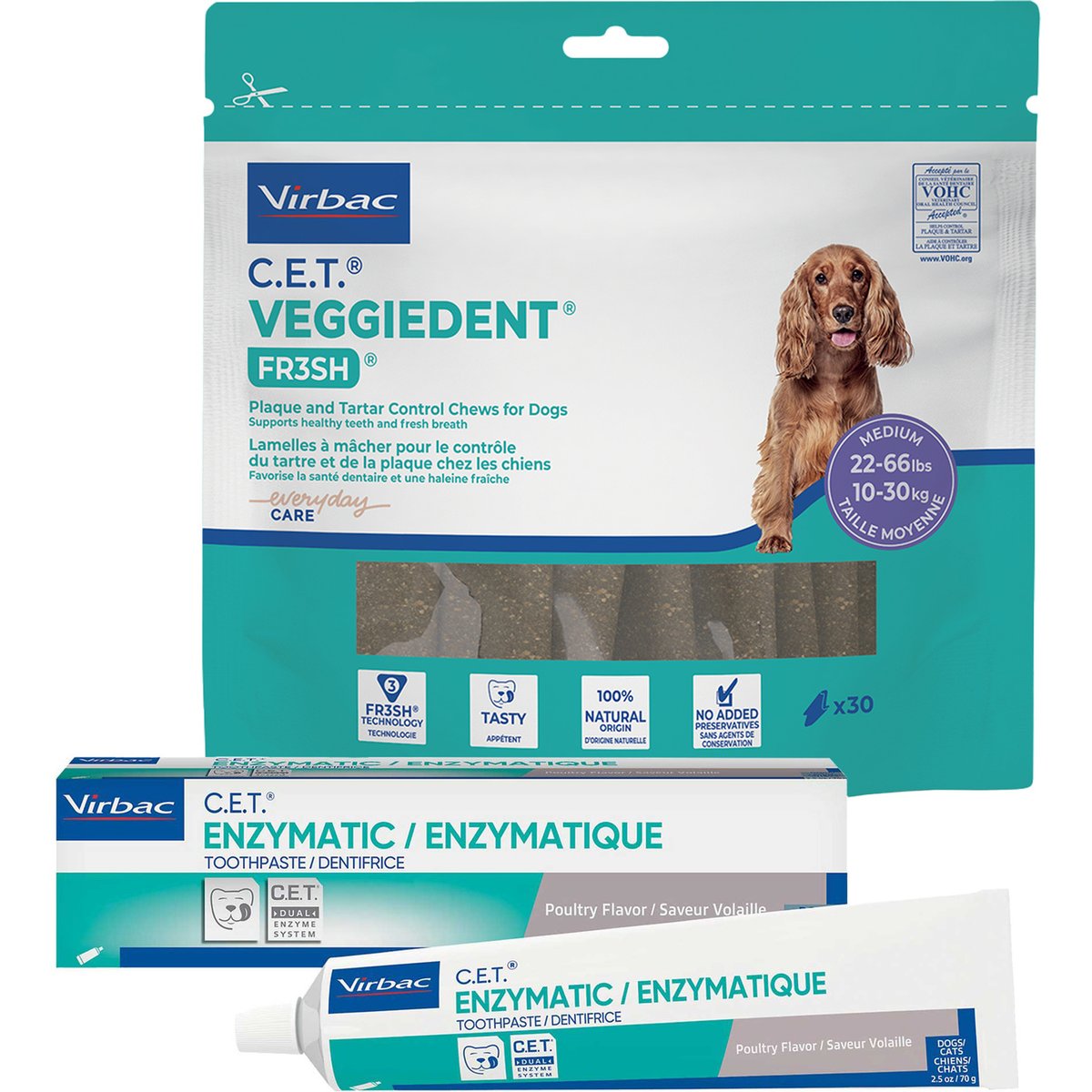 Virbac C.E.T. Enzymatic Dog & Cat Poultry Flavor Toothpaste, 70 gram & Virbac C.E.T. VeggieDent Fr3sh Tartar Control Dog Chews, Medium, 30 Count