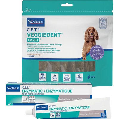 Virbac Virbac C.E.T. Enzymatic Dog & Cat Poultry Flavor Toothpaste, 70 gram & Virbac C.E.T. VeggieDent Fr3sh Tartar Control Dog Chews, Medium, 30 Count