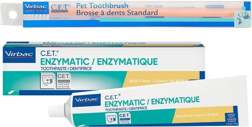 Show full view: Virbac C.E.T. Pet Toothbrush, Color Varies & Virbac C.E.T. Enzymatic Dog & Cat Malt Flavor Toothpaste, 70 gram slide 1 of 9
