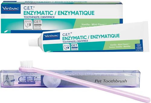 Show full view: Virbac C.E.T. Pet Toothbrush, Color Varies & Virbac C.E.T. Enzymatic Dog & Cat Vanilla-Mint Flavor Toothpaste, 70 gram slide 1 of 6
