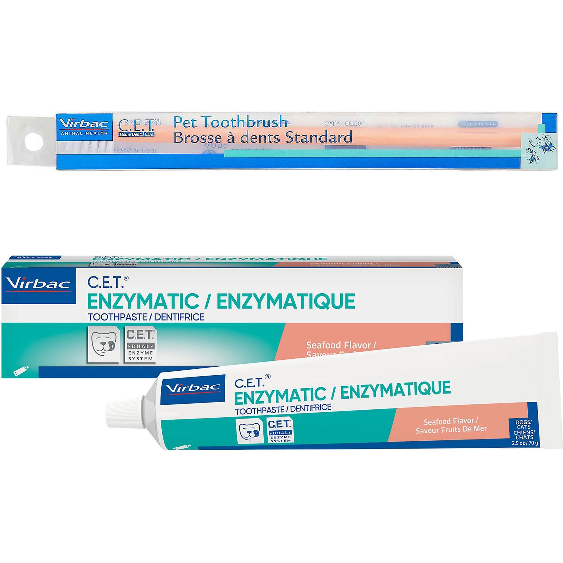 Virbac C.E.T. Pet Toothbrush, Color Varies & Virbac C.E.T. Enzymatic Seafood Flavor Dog & Cat Toothpaste, 70 gram