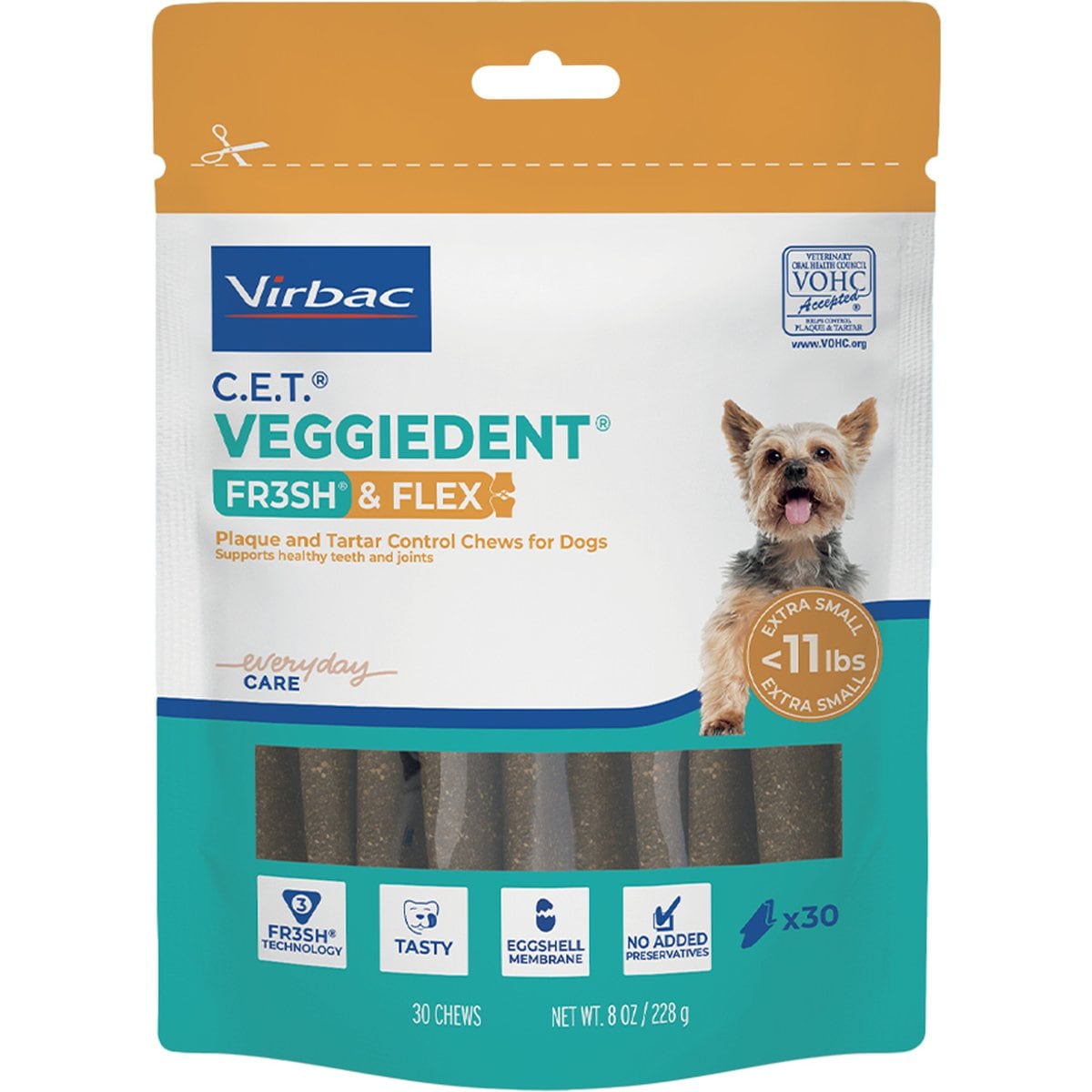 Virbac C.E.T. VeggieDent Flex + Joint Health Dental Chews for X-Small Dogs, under 11lbs, 30 count