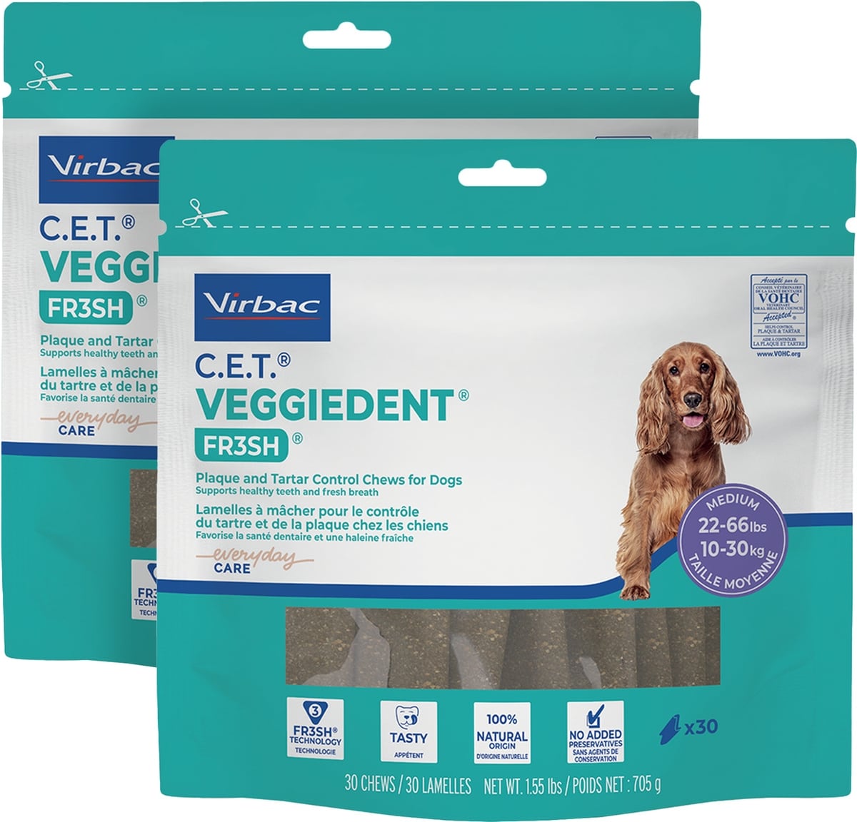 VIRBAC C.E.T. VeggieDent Fr3sh Dental Chews for Medium Dogs, 60