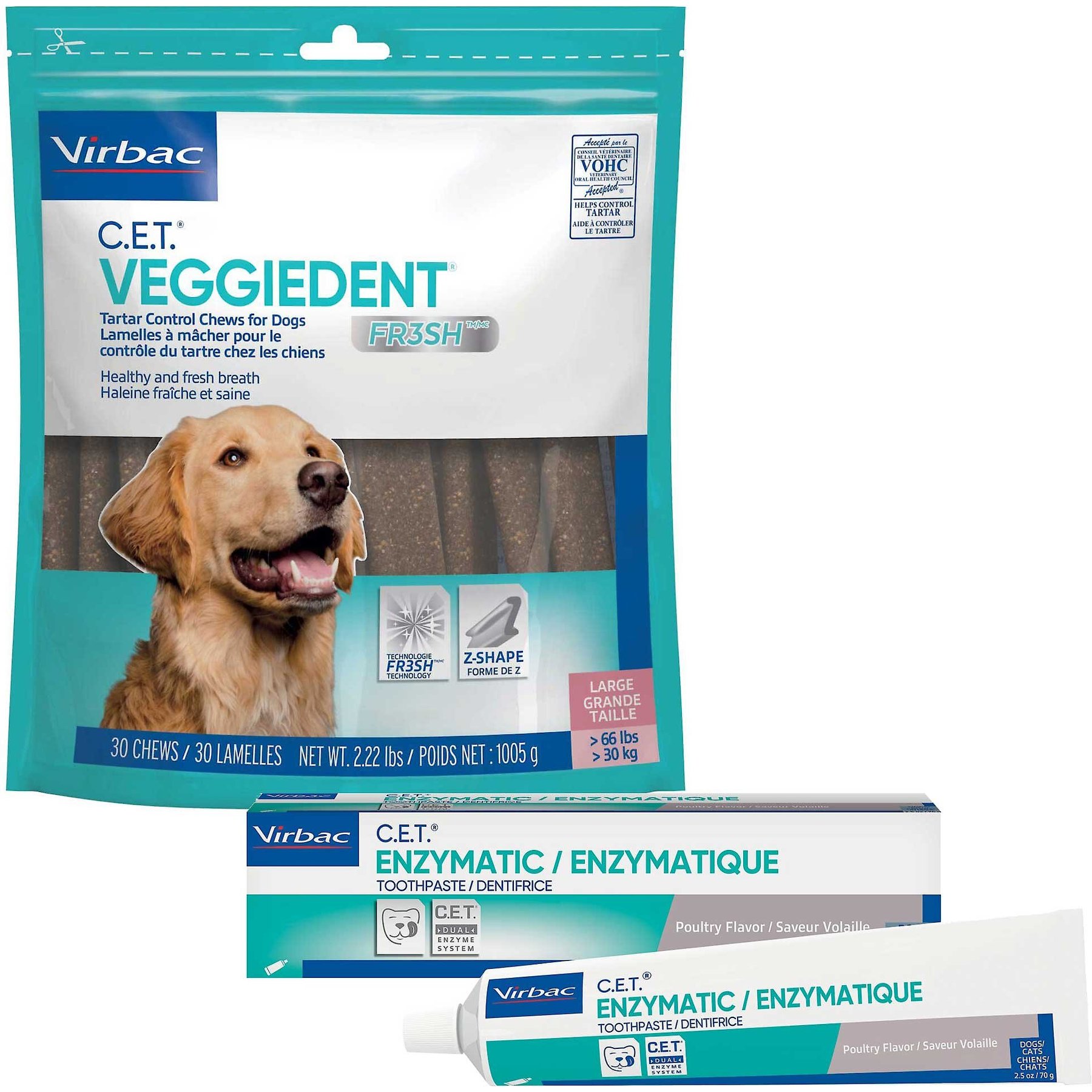 Virbac C.E.T. VeggieDent Fr3sh Tartar Control Chews + Enzymatic Poultry Flavor Toothpaste for Dogs