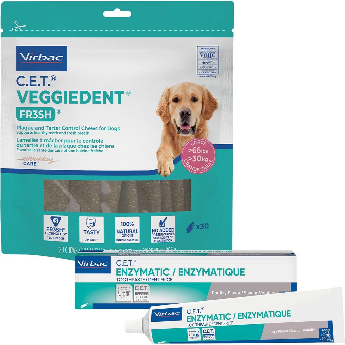 Virbac C.E.T. VeggieDent Fr3sh Tartar Control Chews + Enzymatic Poultry Flavor Toothpaste for Dogs