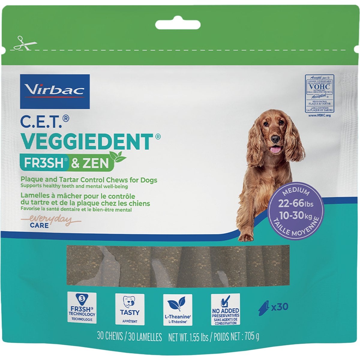 Virbac C.E.T. VeggieDent Zen Dental Chews for Medium Dogs, 30 count