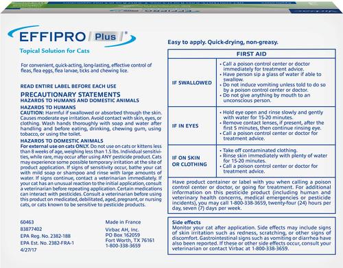Show full view: Virbac EFFIPRO Flea & Tick Spot Treatment for Cats, over 1.5 lbs, 3 Doses (3-mos. supply) slide 2 of 6