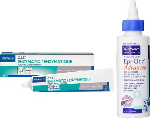 Show full view: Virbac Epi-Otic Advanced Ear Cleaner for Dogs & Cats, 4-fl oz bottle & Virbac C.E.T. Enzymatic Dog & Cat Poultry Flavor Toothpaste, 70 gram slide 1 of 7