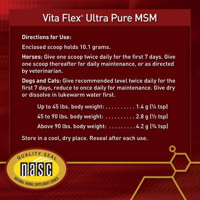 Show full view: Vita Flex Pro MSM Ultra Pure Joint Support Granules Dog & Horse Supplement, 4-lb bucket slide 6 of 10