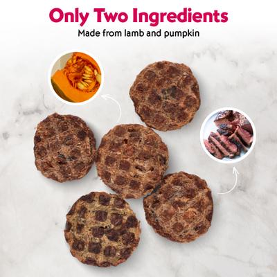 Show full view: Vitafur Barkin' Burger Only 2 Ingredients Lamb & Pumpkin Limited Ingredient Grain-Free Dehydrated Dog Treats, 4-oz bag, 2 count slide 4 of 6