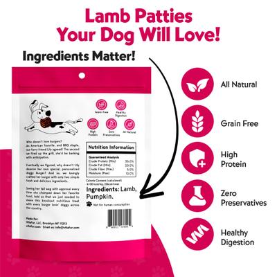 Show full view: Vitafur Barkin' Burger Only 2 Ingredients Lamb & Pumpkin Limited Ingredient Grain-Free Dehydrated Dog Treats, 4-oz bag, 2 count slide 3 of 6