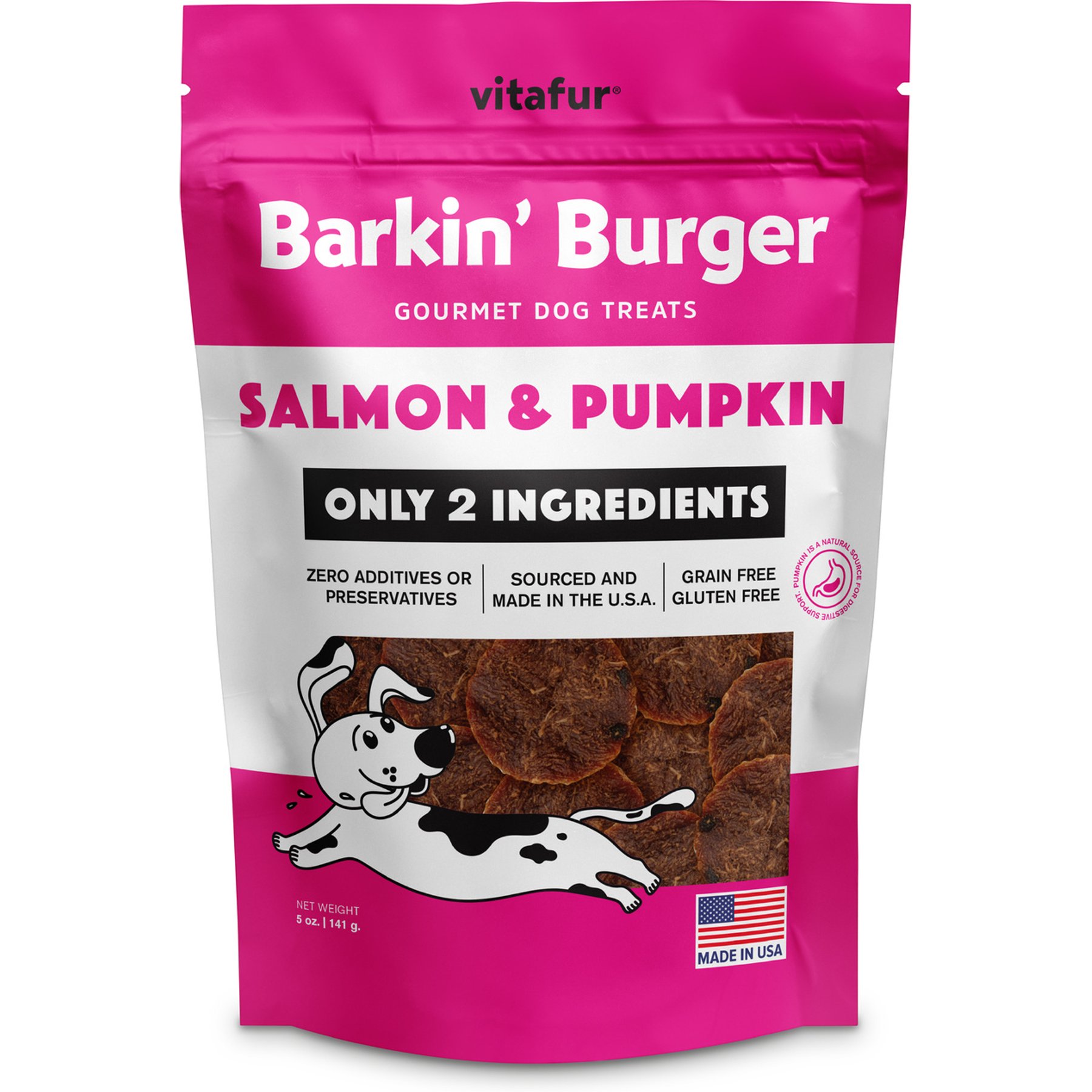 Vitafur Barkin Burger Salmon & Pumpkin Grain-Free Dehydrated Dog Treats, 5-oz bag