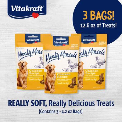 Show full view: Vitakraft Meaty Morsels Chicken Recipe with Potato Soft & Chewy Dog Treats, 4.2-oz bag, 3 count slide 3 of 11