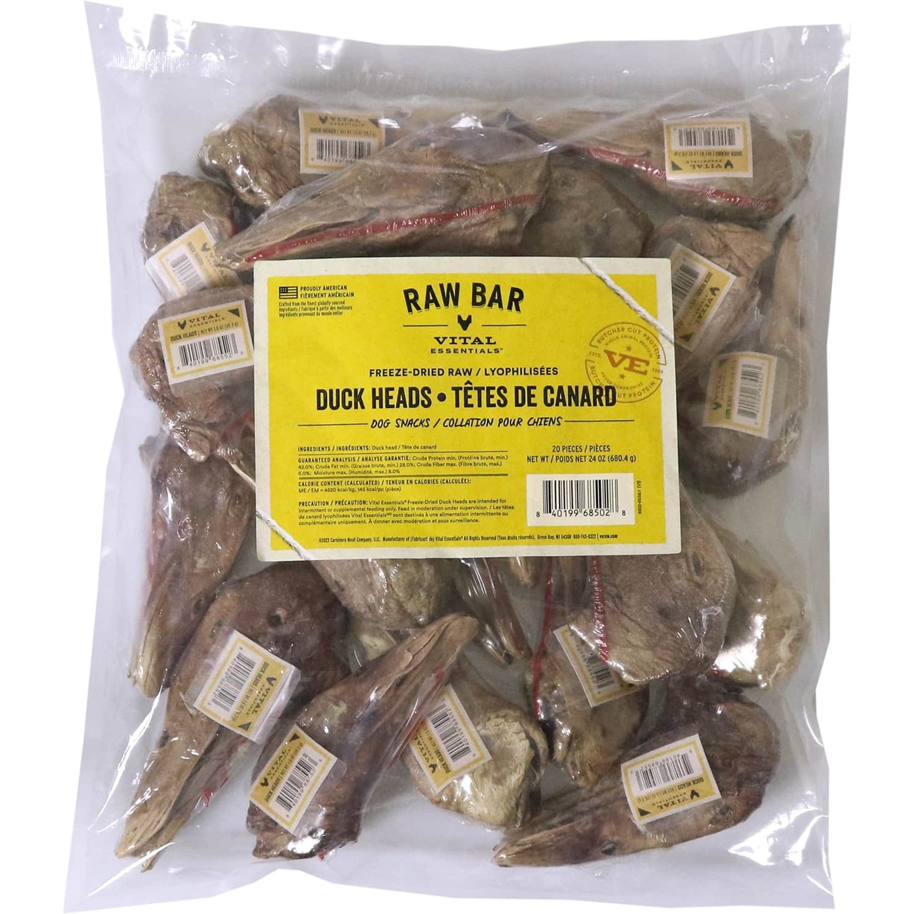 Vital Essentials RAW BAR Raw Duck Heads Freeze-Dried Dog Treats, 20 count
