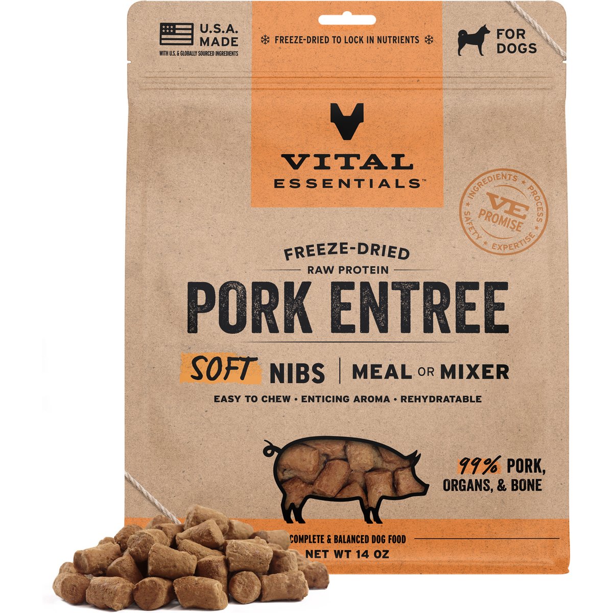 Vital Essentials Soft Nibs Raw Pork Entree Freeze-Dried Dog Food & Topper, 14-oz bag
