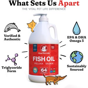 Vital Pet Life Fish Oil Skin & Coat Health Pollock Salmon Liquid Omega-3 Supplement for Dogs & Cats, 64-fl oz bottle