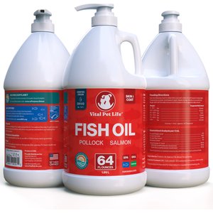 Vital Pet Life Fish Oil Skin & Coat Health Pollock Salmon Liquid Omega-3 Supplement for Dogs & Cats, 64-fl oz bottle