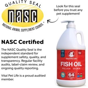 Vital Pet Life Fish Oil Skin & Coat Health Pollock Salmon Liquid Omega-3 Supplement for Dogs & Cats, 64-fl oz bottle