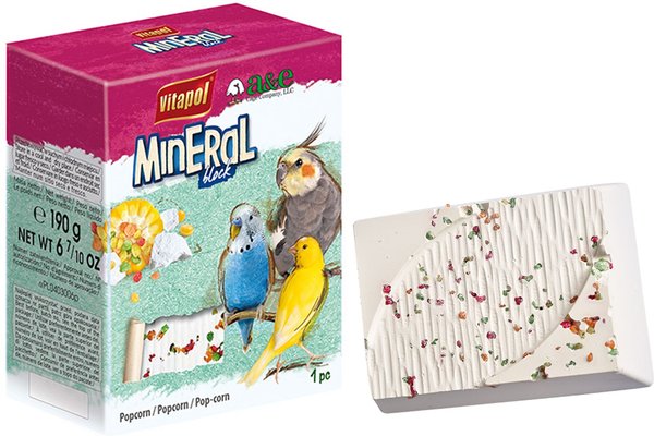 Vitapol by A&E Cage Company Infused Mineral Block Popcorn Powder Cockatiel & Parakeet Treats, White, 6.7-oz box
