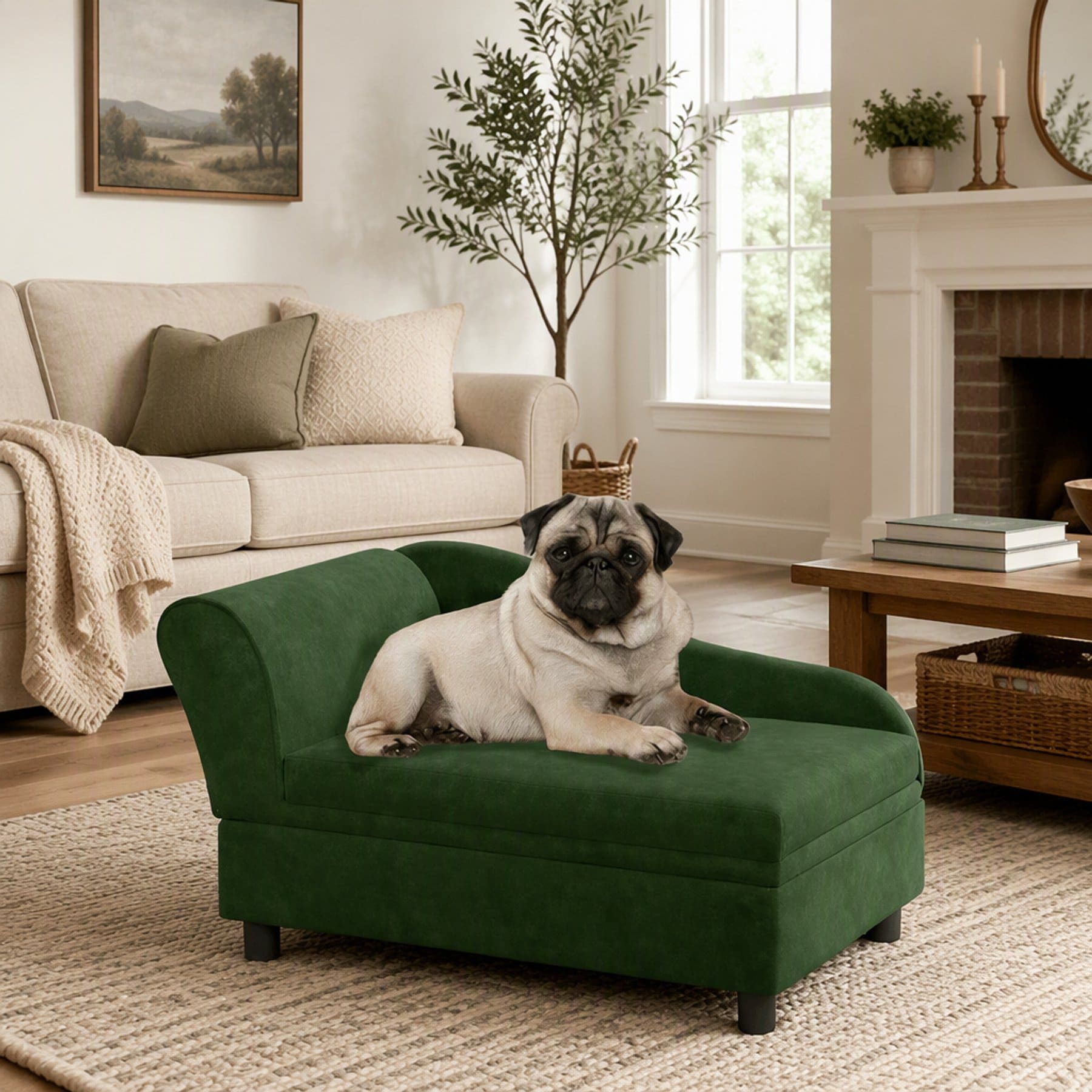 W-Jopns Dog Sofa Bed Couch with Storage & Soft Cushion, Green, 16.9-in