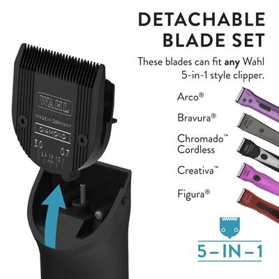 Show full view: Wahl 5 in 1 Adjustable Diamond Blade Set, size 9, 10, 15, 30, 40 slide 4 of 6