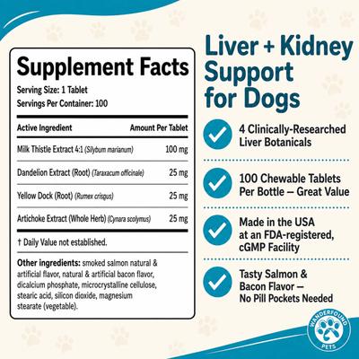 Show full view: Wanderfound Pets Milk Thistle Liver Support Salmon & Bacon Flavor Dog Supplement, 100 count slide 5 of 11