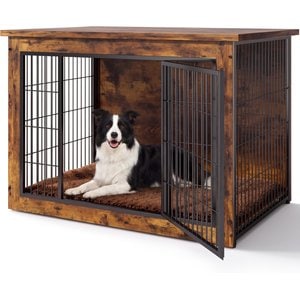 WARCAT Wooden Indoor Thick Cushion Double Door Furniture Style Dog Crate, Brown, Large