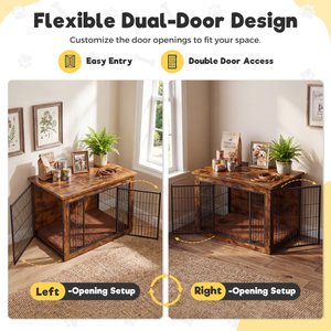 WARCAT Wooden Indoor Thick Cushion Double Door Furniture Style Dog Crate, Brown, Large