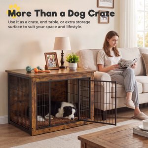 WARCAT Wooden Indoor Thick Cushion Double Door Furniture Style Dog Crate, Brown, Large