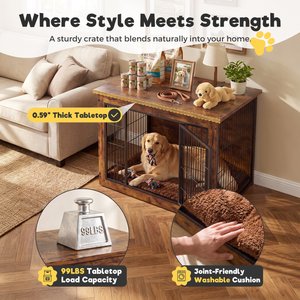 WARCAT Wooden Indoor Thick Cushion Double Door Furniture Style Dog Crate, Brown, Large