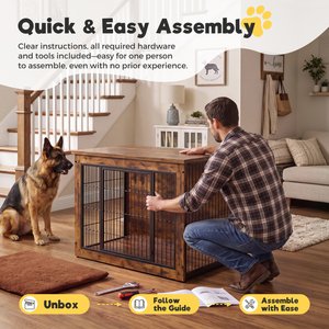 WARCAT Wooden Indoor Thick Cushion Double Door Furniture Style Dog Crate, Brown, Large