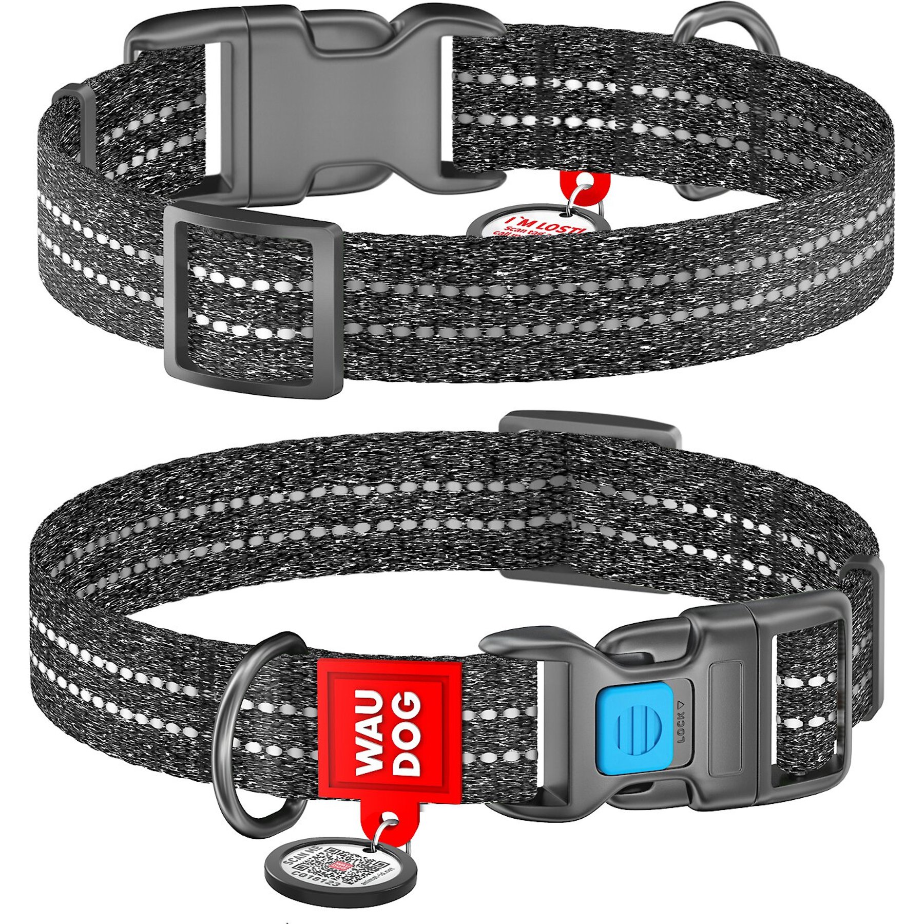 WAUDOG QR Passport Cotton Dog Collar, Grey, X-Large