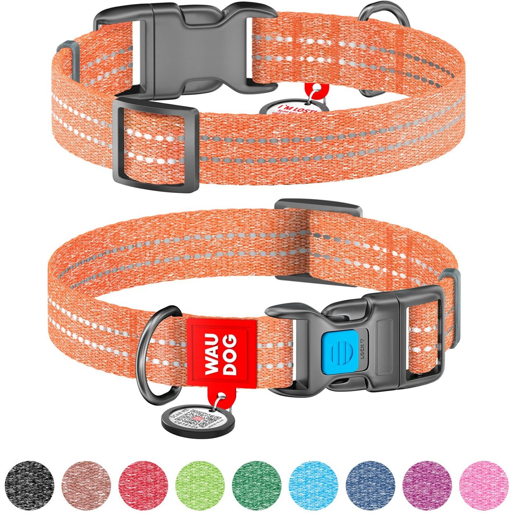 WAUDOG QR Passport Cotton Dog Collar, Orange, X-Large