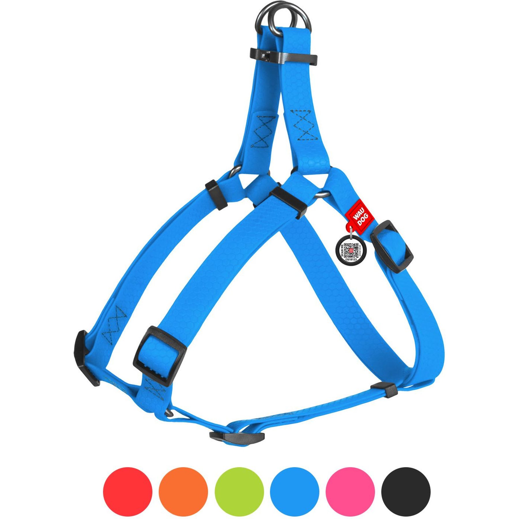 WAUDOG Waterproof Dog Harness with QR Tag, Blue, Large