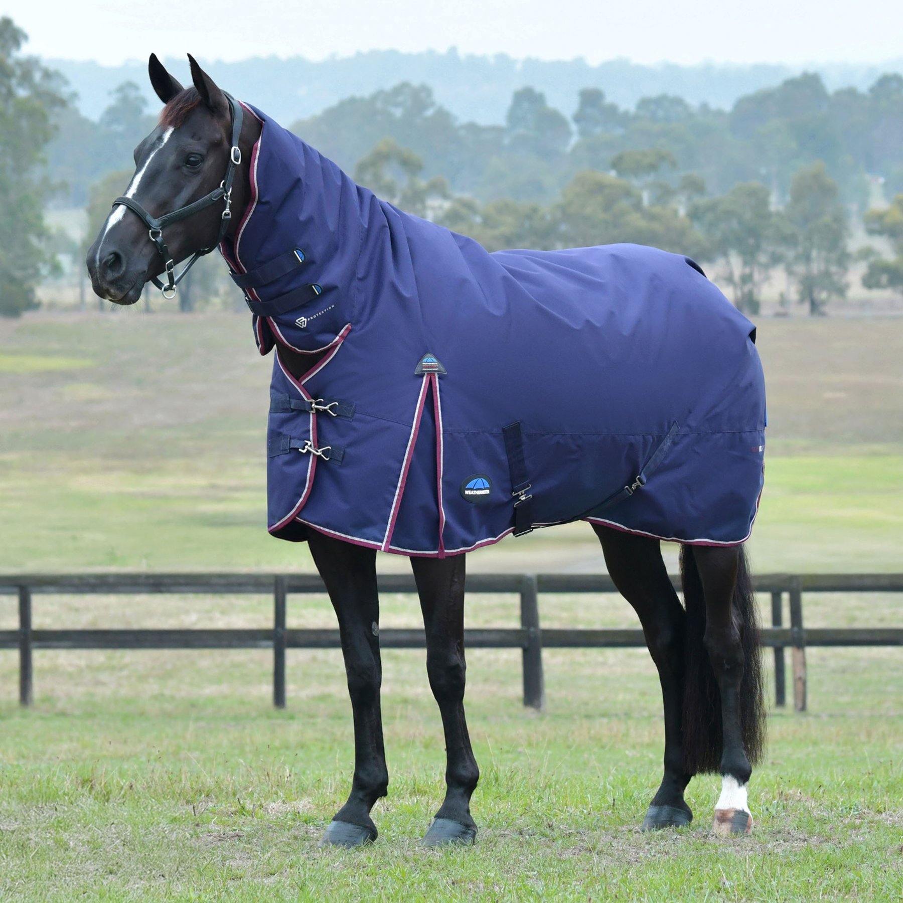 WeatherBeeta ComFiTec Essential 50G Waterproof Shoulder Gussets Reflective Rip-Stop Tail Flap Cover Horse Turnout Combo, Navy/Burgundy, 63-in