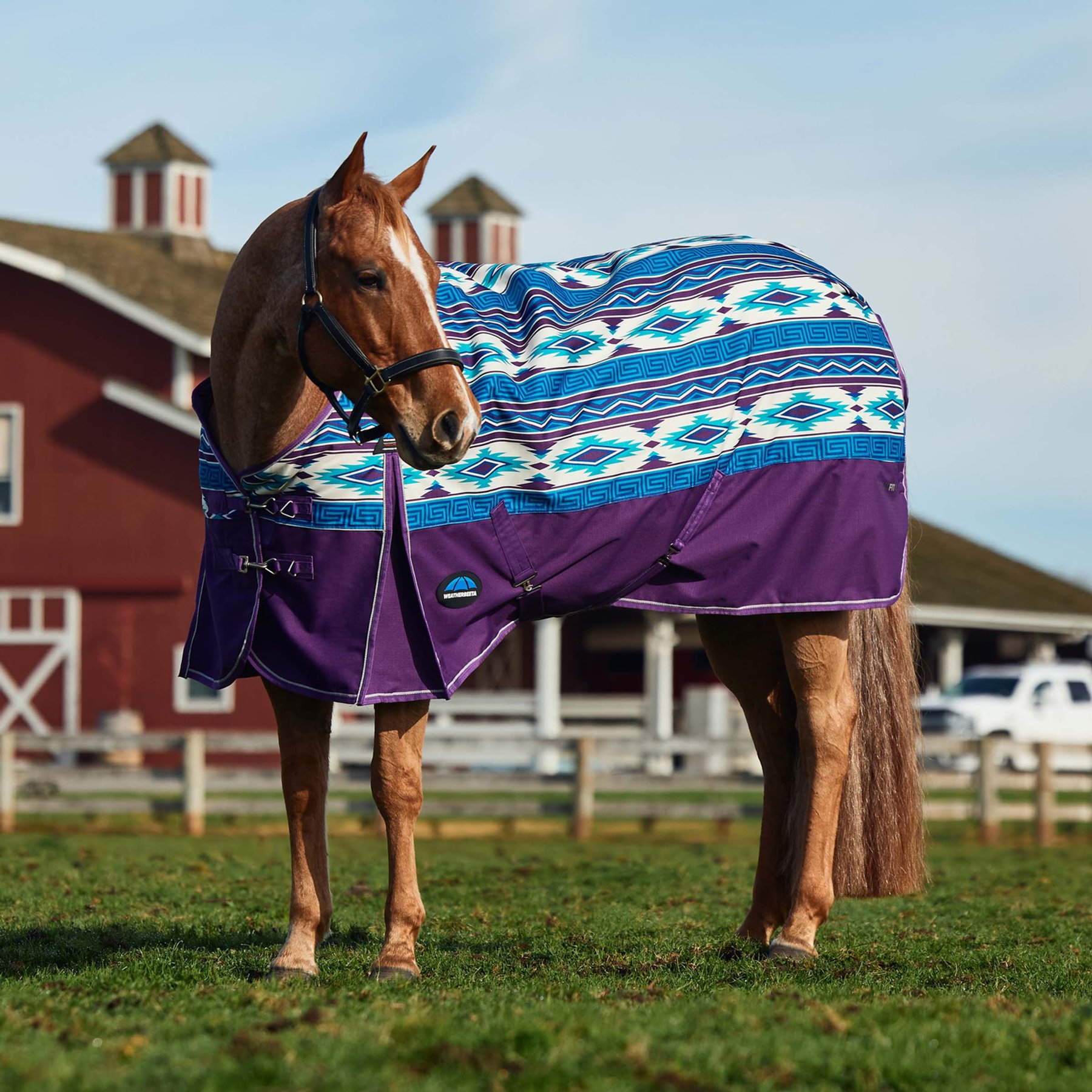 WeatherBeeta ComFiTec Legend Navajo Print 0G Waterproof Shoulder Gussets Reflective Rip-Stop Tail Flap Cover Horse Turnout Sheet, Purple, 81-in