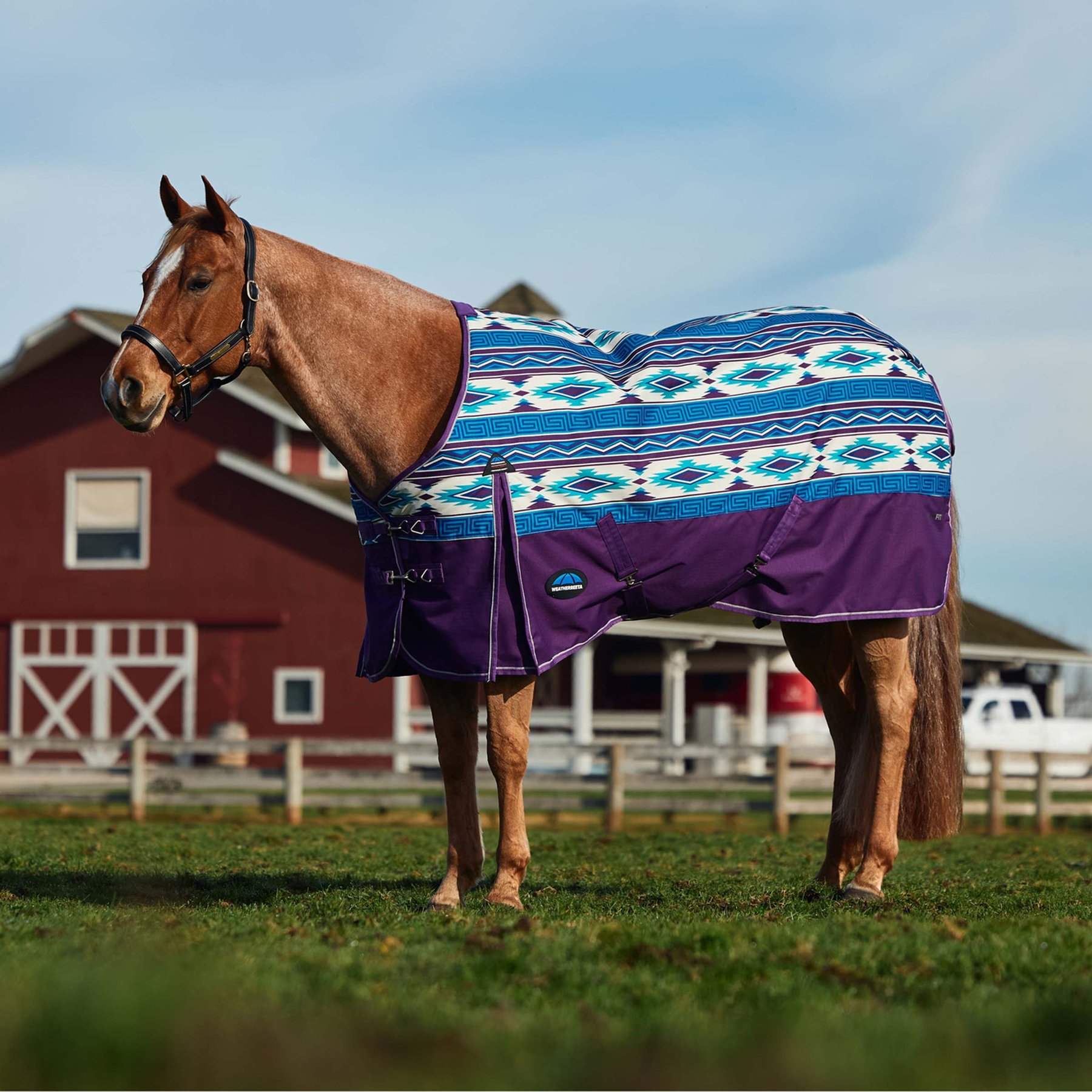WeatherBeeta ComFiTec Legend Navajo Print 220G Waterproof Shoulder Gussets Reflective Rip-Stop Tail Flap Cover Horse Turnout Blanket, Purple, 69-in