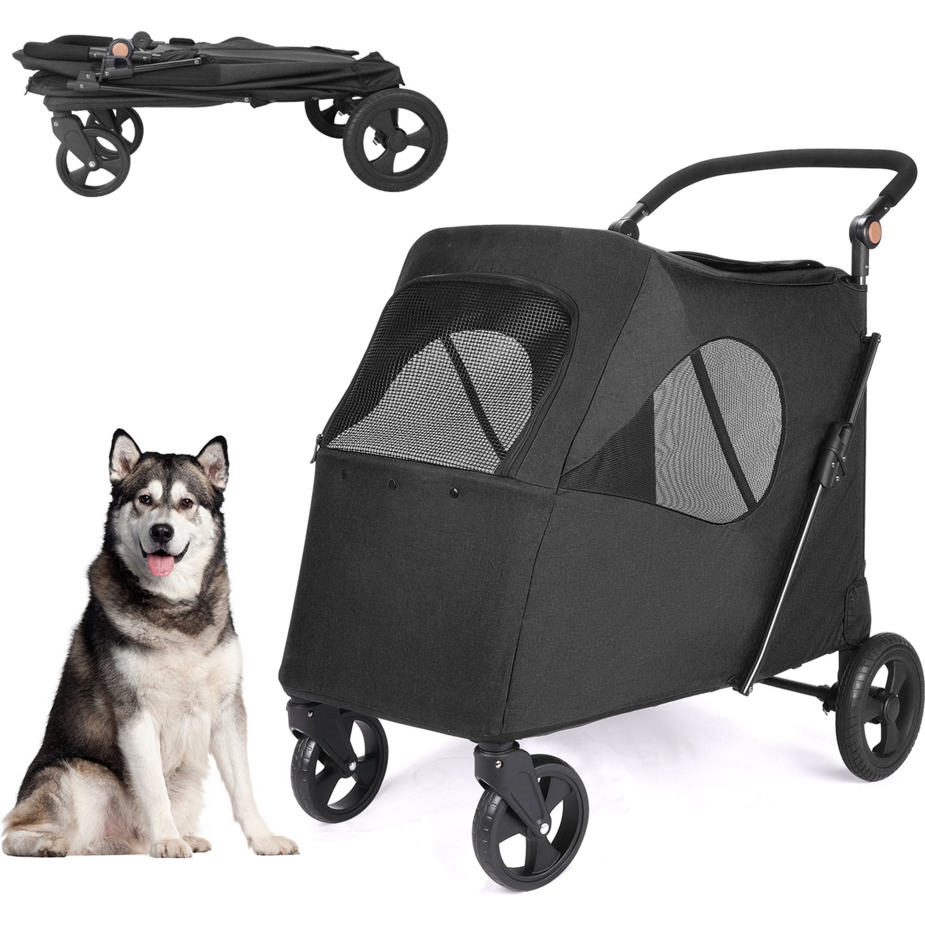 Wedyvko Foldable Travel 4 Wheels, Breathable Mesh, Large Capacity Dog & Cat Stroller, One size, Black