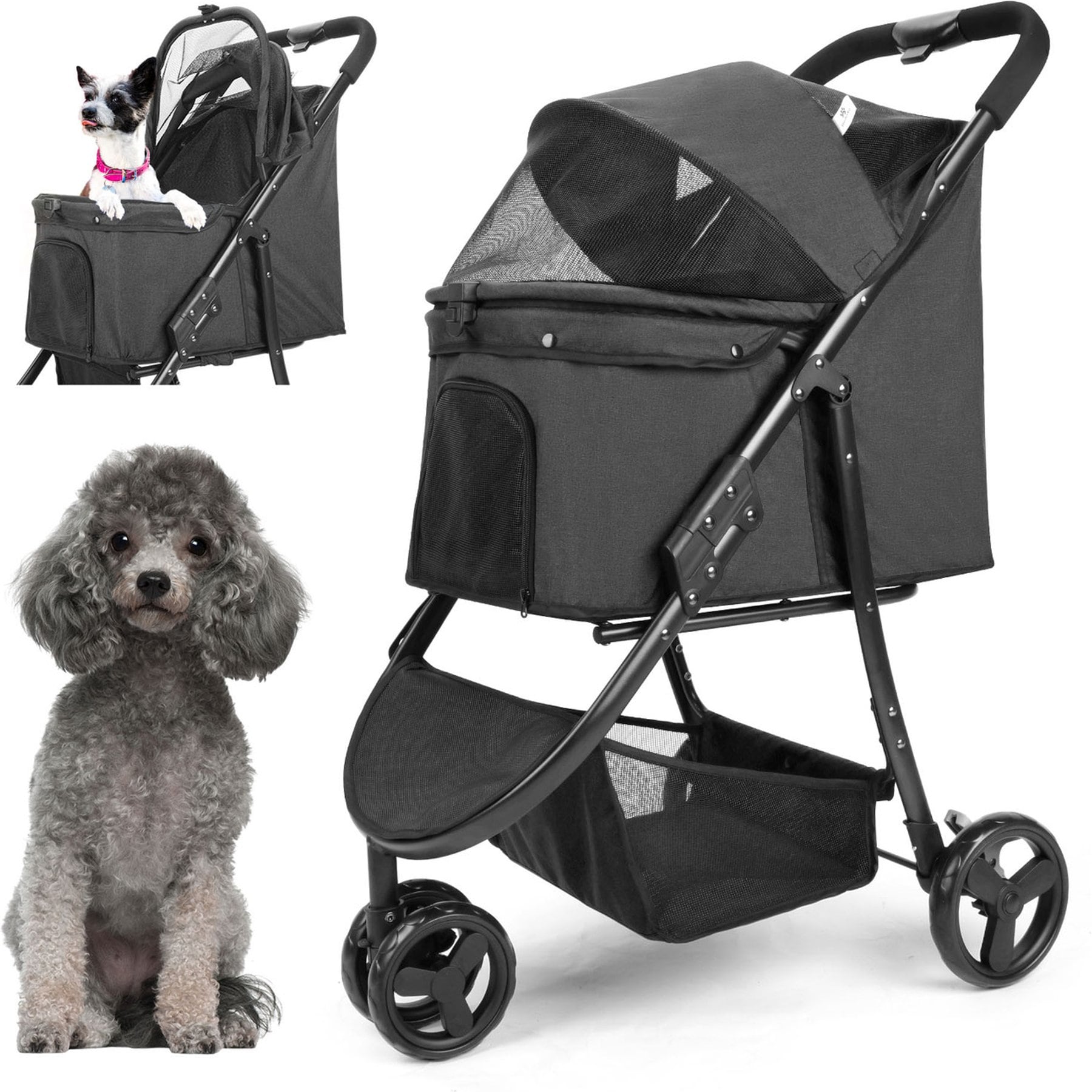Wedyvko Outdoor Portable & Lightweight Foldable Three Wheeled Dog & Cat Stroller, Dark Green/Gray Black/Dark Blue