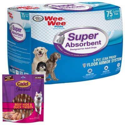 Wee-Wee Wee-Wee Super Absorbent Pee Pads, 24x24-in, 75 count + Cadet Gourmet Rawhide & Duck Twist Dog Treats