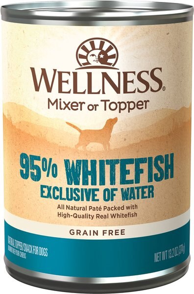 Wellness 95% Whitefish Natural Grain-Free Wet Dog Food Topper, 13.2-oz can, case of 12