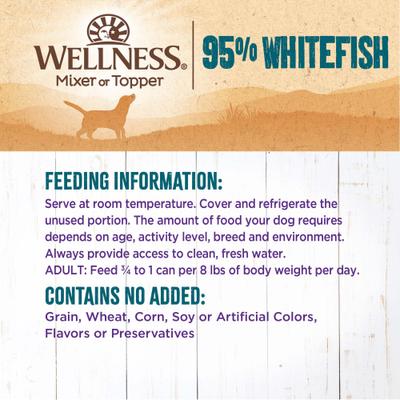 Show full view: Wellness 95% Whitefish Natural Grain-Free Wet Dog Food Topper, 13.2-oz can, case of 12 slide 6 of 9