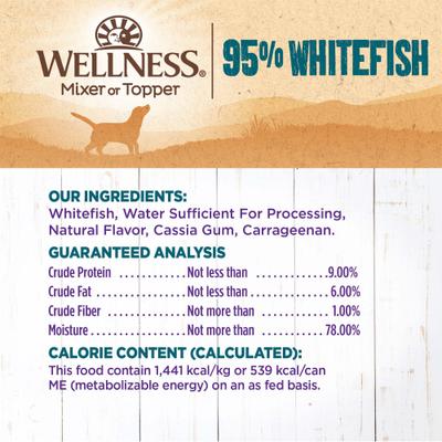 Show full view: Wellness 95% Whitefish Natural Grain-Free Wet Dog Food Topper, 13.2-oz can, case of 12 slide 7 of 9