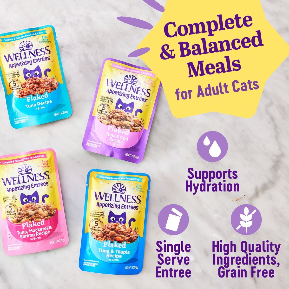 Wellness Appetizing Entrees Seafood Variety Pack Natural Grain-Free Flaked Wet Cat Food, 1.4-oz pouch, case of 8