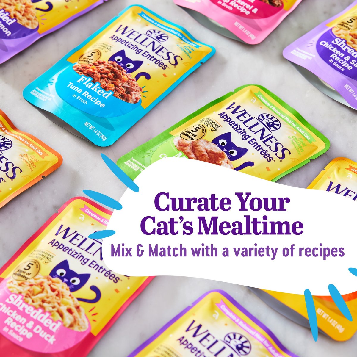 Wellness Appetizing Entrees Shredded & Flaked, Seafood & Poultry Variety Pack, Natural Wet Cat Food, 2.8-oz pouch, case of 8