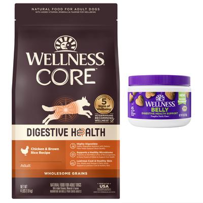 Show full view: Wellness Belly Digestive Health Support Pumpkin Flavor Chew Supplements + CORE Wholesome Grains Chicken & Brown Rice Recipe Dry Dog Food slide 1 of 9