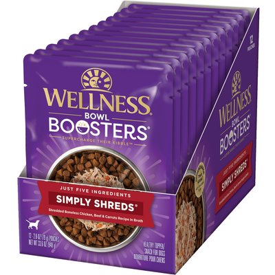 Wellness Wellness Bowl Boosters Simply Shreds Chicken, Beef & Carrots Natural Grain-Free Wet Dog Food Mixer or Topper, 2.8-oz pouch, case of 12